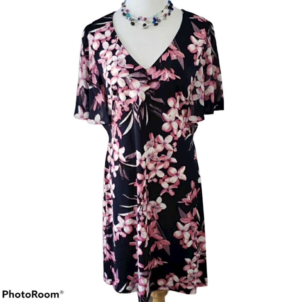 Connected Apparel V-Neck Floral Midi Dress Size 6